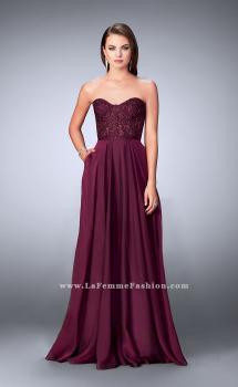 Picture of: Strapless A-line Prom Dress with Sheer Lace Bustier Top in Purple, Style: 24318, Main Picture