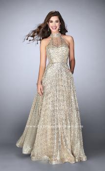 Picture of: Sequin A-line Gown with High Neck and Key Hole Back in Gold, Style: 24584, Main Picture