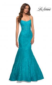 Picture of: Bright Mermaid Lace Gown with Sheer Bodice and Open Back in Blue, Style: 30612, Main Picture