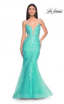 Picture of: Lace and Tulle Mermaid Gown with Side Cut Outs in Aqua, Style: 31133, Main Picture