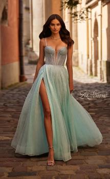 Picture of: Prom Gown with Rhinestone Tulle and Illusion Corset Bodice in Artic Blue, Style 32725, Main Picture