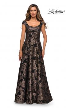 Picture of: Cap Sleeve Floral A-line Evening Gown with Pockets in Black Gold, Style: 27999, Main Picture