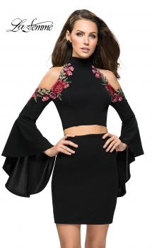 Picture of: Floral Two Piece Jersey Mini Bell Sleeve Dress in Black, Style: 26606, Main Picture