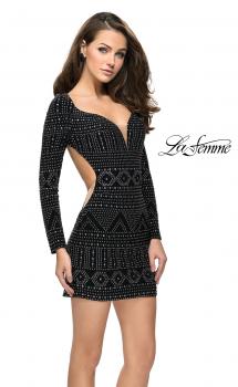 Picture of: Metallic Studded Homecoming Dress with Long Sleeves in Black, Style: 26672, Main Picture