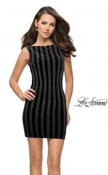 Picture of: Low Scoop Back Short Velvet Dress with Rhinestones in Black, Style: 26687, Main Picture