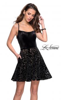 Picture of: Short Burnout Velvet Homecoming Dress with Pockets in Black, Style: 26785, Main Picture