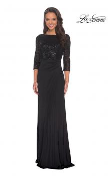 Picture of: Floor Length Dress with Sequin Bodice and Ruching in Black, Style: 24858, Main Picture