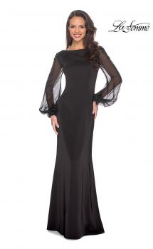 Picture of: Long Black Gown with Sheer Long Sleeves and Beading in Black, Style: 25045, Main Picture