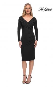 Picture of: Long Sleeve Below the Knee Dress with V Neckline in Black, Main Picture