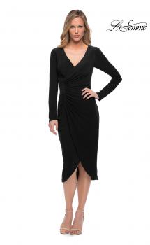 Picture of: Long Sleeve Knee Length Dress with Wrap Style Skirt in Black, Main Picture