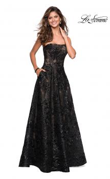 Picture of: Strapless A Line Lace Prom Dress with Beaded Detail in Black Nude, Style: 27164, Main Picture