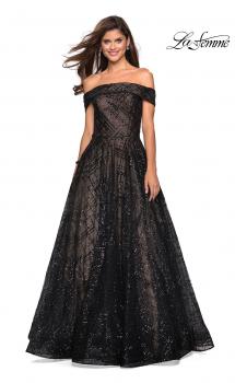 Picture of: sequin Ball Gown with Off the Shoulder Top in Black Nude, Style: 27577, Main Picture