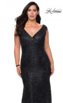 Picture of: Curvy Stretch Lace Dress with V-Neck and Rhinestones in Black, Style: 28837, Main Picture