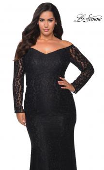 Picture of: Lace Off The Shoulder Long Sleeve Plus Dress with Stones in Black, Style: 28945, Main Picture