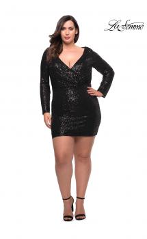 Picture of: Short Sequin Plus Dress with Long Sleeves in Black, Style: 29396, Main Picture