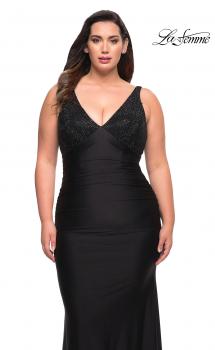 Picture of: Jersey Plus Gown with Jeweled Bodice and V Neckline in Black, Style: 29751, Main Picture
