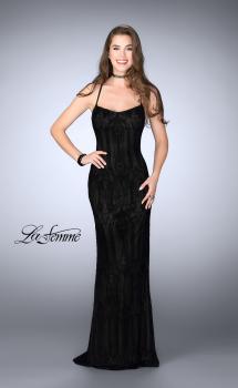 Picture of: Patterned Lace Prom Gown with Thin Straps in Black, Style: 24740, Main Picture