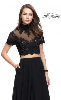 Picture of: Two Piece Dress with Beaded Lace Top and Sheer Back in Black, Style: 25401, Main Picture