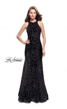 Picture of: Long Velvet Gown with a High Neck and Deep V in Black, Style: 25490, Main Picture