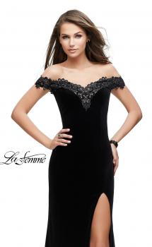 Picture of: Long Velvet Off the Shoulder Gown with Lace Detail in Black, Style: 25591, Main Picture