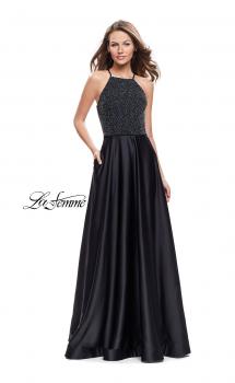 Picture of: Satin A-line Ball Gown Featuring Beading and a High Neck in Black, Style: 25601, Main Picture