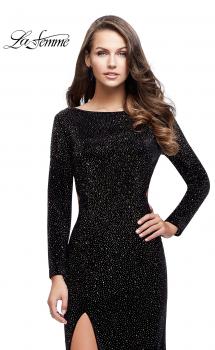 Picture of: Sparkling Velvet Prom Dress with Boat Neckline in Black, Style: 25727, Main Picture