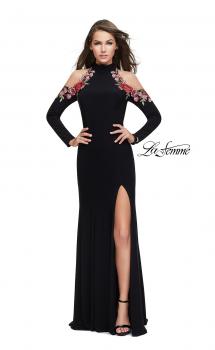 Picture of: Form Fitting Jersey Prom Dress with Floral Applique in Black, Style: 25807, Main Picture