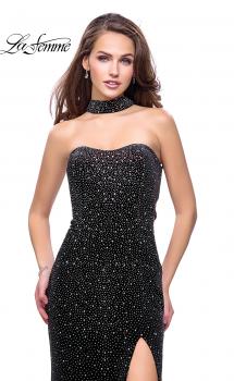 Picture of: Long Strapless Velvet Prom Gown with Cascading Beads in Black, Style: 26239, Main Picture