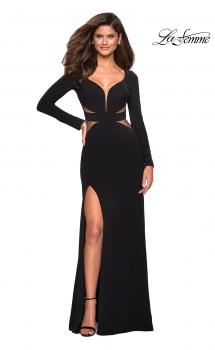 Picture of: Form Fitting Long Sleeve Prom Dress with Cutouts in Black, Style: 26995, Main Picture