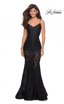 Picture of: Long Form Fitting Lace Prom Dress with Attached Shorts in Black, Style: 27584, Main Picture