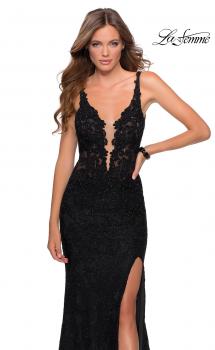 Picture of: Long Lace Prom Dress with Plunging Neckline in Black, Style: 28648, Main Picture