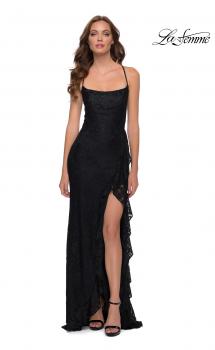 Picture of: Stretch Lace Dress with Ruffle Skirt Detail and Slit in Black, Style 29650, Main Picture