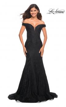 Picture of: Mermaid Lace Off the Shoulder Gown with Sheer Back in Black, Main Picture