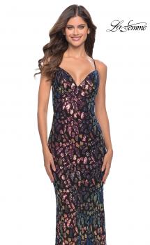 Picture of: Multi Color Print Sequin Dress with Lace Up Back in Black, Style: 31206, Main Picture