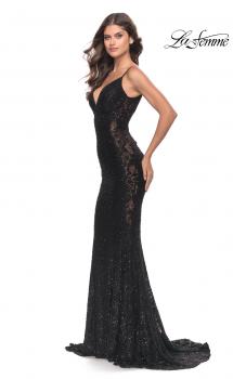 Picture of: Beaded Lace Mermaid Gown with Sheer Side Panels in Black, Style: 31257, Main Picture