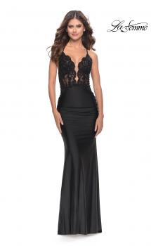 Picture of: Lace Sheer Bodice Dress with Scallop Details and Ruched Skirt in Black, Style: 31336, Main Picture