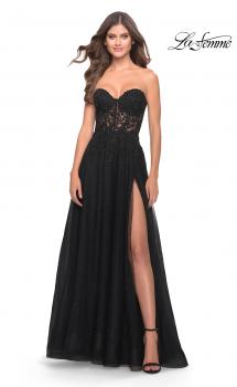 Picture of: Rhinestone Tulle A-Line Gown with Lace Bodice in Black, Style: 31525, Main Picture