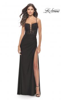 Picture of: Lace Bodice with Tie Up Deep V Neckline Jersey Dress in Black, Style: 31567, Main Picture