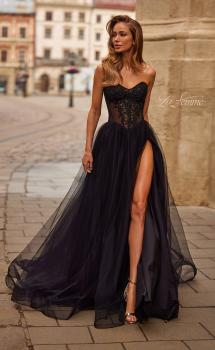 Black Picture of: Strapless Corset Gown with Tulle Skirt and High Slit in Black, Style: 33491, Main Picture