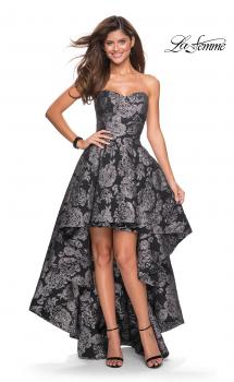 Picture of: Floral Print High-Low Strapless Prom Dress in Black Silver, Style: 27468, Main Picture