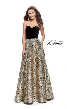 Picture of: Strapless Ball Gown with Velvet Bodice and Rose Print Skirt in Black Gold, Style: 25581, Main Picture