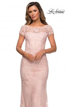 Picture of: Long Lace Evening Dress with Sheer Cap Sleeves in Blush, Style: 27856, Main Picture