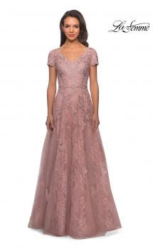 Picture of: Long A-Line Evening Dress with Short Sleeves in Blush, Main Picture