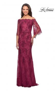 Picture of: Long Lace Gown with Off the Shoulder Flare Sleeves in Boysenberry, Style: 25317, Main Picture