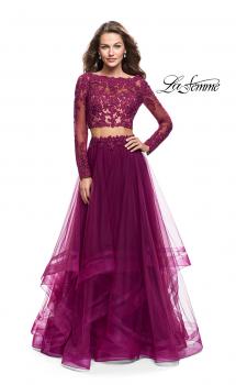 Picture of: Long Two Piece Prom Dress with Tulle Skirt and Lace Top in Boysenberry, Style: 25300, Main Picture