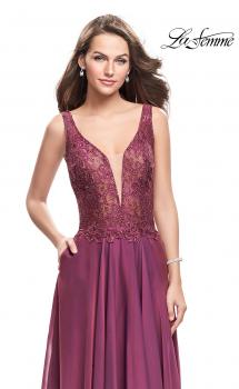 Picture of: Long Evening Gown with Chiffon Skirt and Scoop Open Back in Boysenberry, Style: 25513, Main Picture