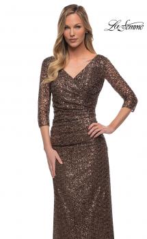 Picture of: Three-Quarter Sleeve Sequin Dress with Ruching in Bronze, Main Picture