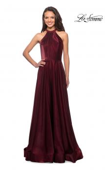 Picture of: Long Satin Gown with Embellished High Neckline in Burgundy, Style: 25576, Main Picture
