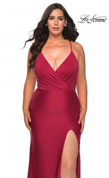 Picture of: Jersey Prom Dress for Curves with Slit and Criss Cross Back in Burgundy, Style: 29022, Main Picture