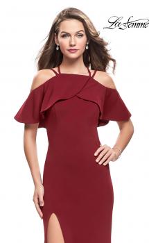 Picture of: Long Jersey Prom Dress with Off the Shoulder Ruffle Detail in Burgundy, Style: 25556, Main Picture